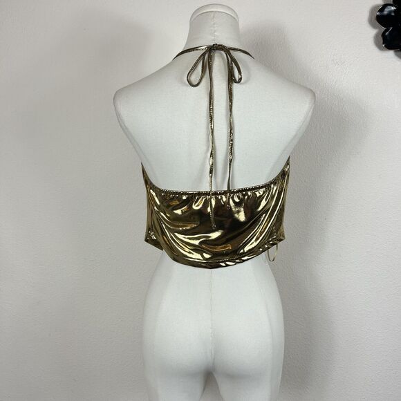 Peach Shirt Womens Medium Gold Metallic Halter Cowl Party Top Clubwear 70s Disco - Picture 2 of 6